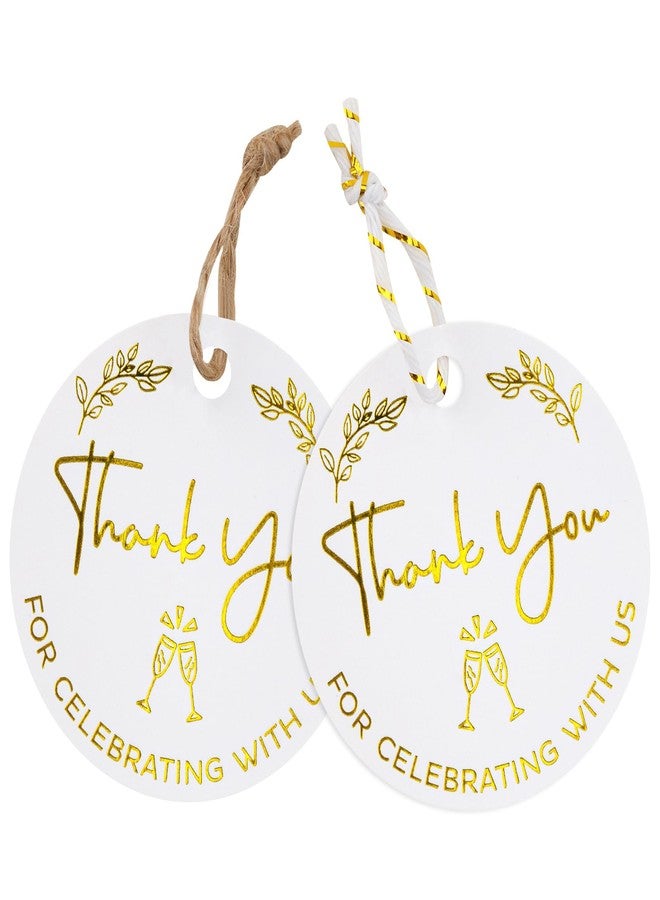 joycraft 100Pcs Thank You Gift Tags, 2 inch Thank You for Celebrating with Us Tags, Gold Foil White Paper Labels with String, Round Gift Wrap Hangtags for DIY Craft, Wedding Party Favor, Christmas - Image 1